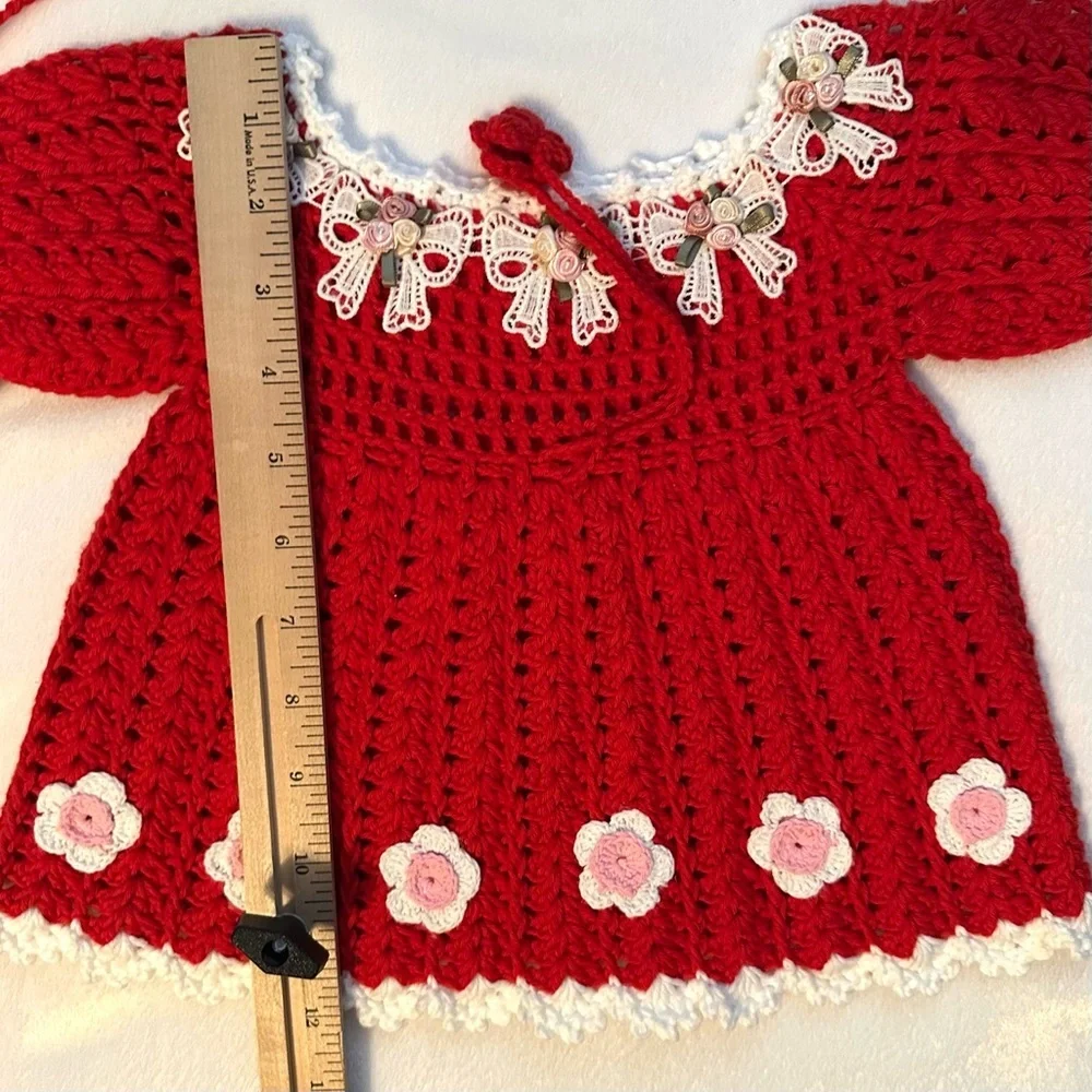 Hand & Heart Handmade Crocheted Red Baby Dress 6M Bows Flowers Appliqué Cotton